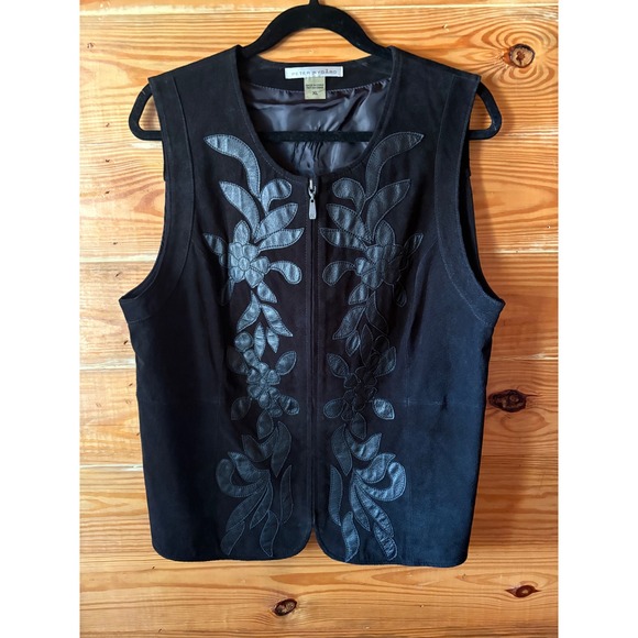 Peter Nygard Jackets & Blazers - Vintage Peter Nygard Black Suede Leather Floral Vest Women's XL Western‎ Boho